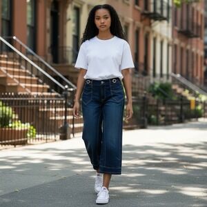 Baby Phat Size 16 Embelished Pockets Gold Thread Wide Leg Stretch Crop Jeans Y2K